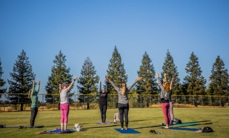 6 women on a grass field doing yoga