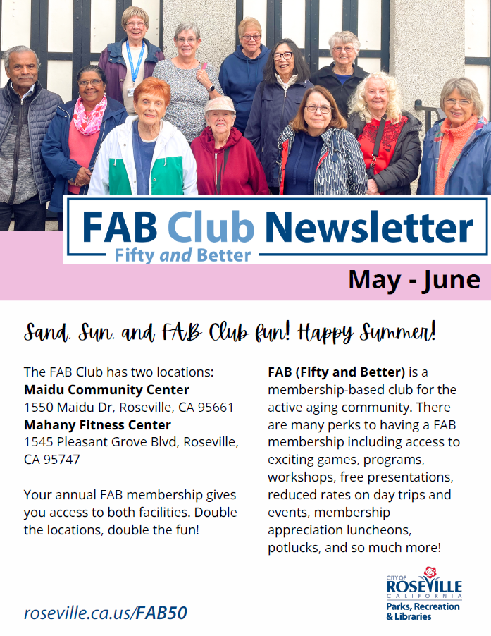 Cover of FAB Club Newsletter with a picture of a group of seniors
