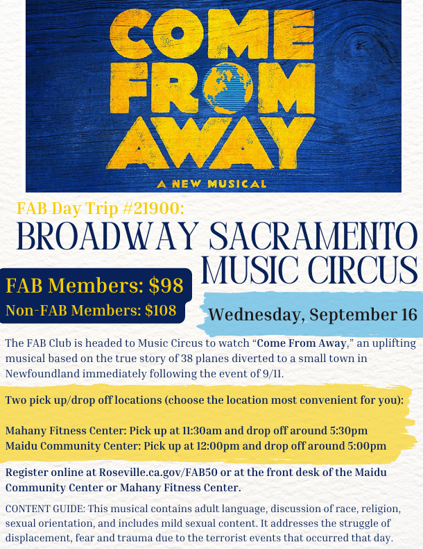 Flyer for FAB Day Trip to Come From Away