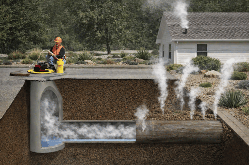 A person in an orange vest and hard hat operates a machine connected to a sewer pipe, with smoke rising from the pipe and the ground above a residential house.