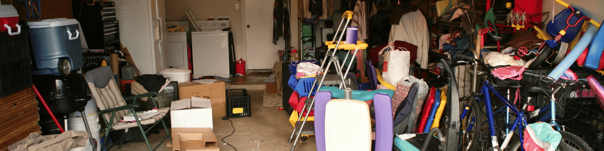 Cluttered garage filled with items