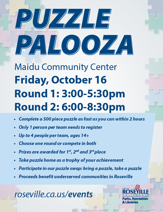 Flyer for Puzzle Palooza with pastel puzxzle background and blue text