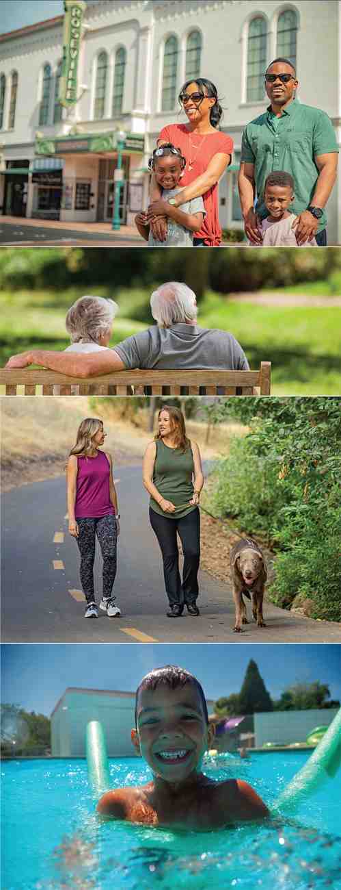 A collage of four outdoor scenes:  A smiling family of four standing together in front of a theater building. An elderly couple sitting on a park bench with their arms around each other, viewed from behind. Two women walking and chatting along a paved path with a dog. A child grinning in a swimming pool on a sunny day.