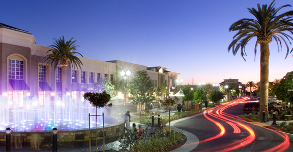 Image of the Fountains shopping center in Roseville at dusk