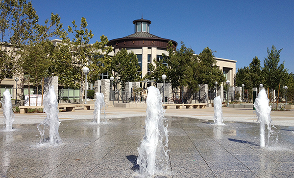 Front of Civic Center with sprayground