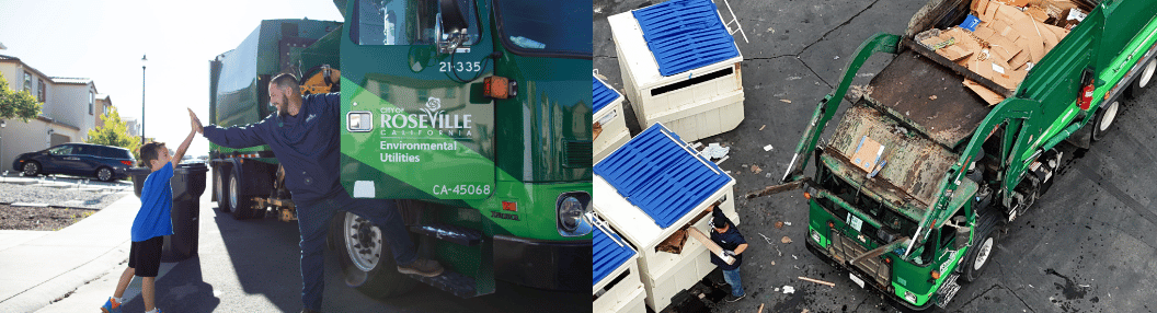 garbage truck driver with kid and aerial shot of garbage 