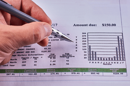 Hand holding a pen pointing at a utility bill showing amount due and usage chart.