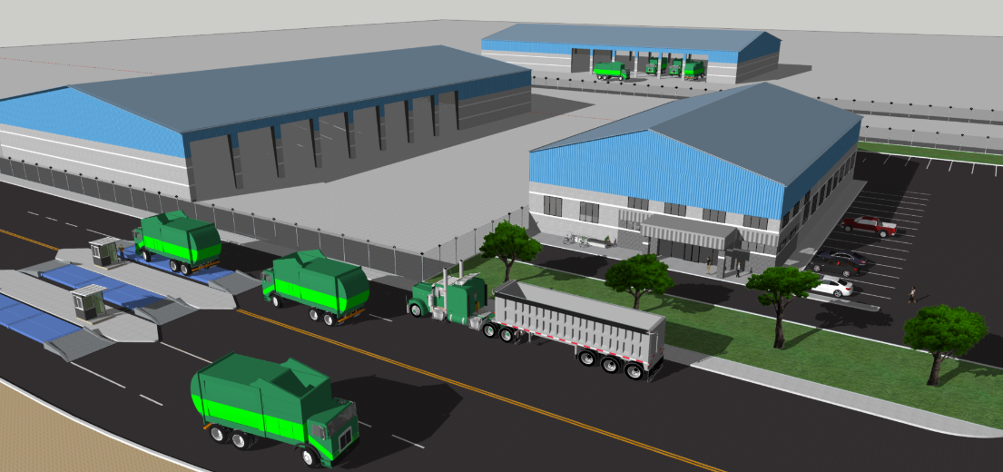 An illustration of pretty and green garbage trucks and a semi with warehouse buildings with blue roofs and some minor landscaping and afternoon shade. 