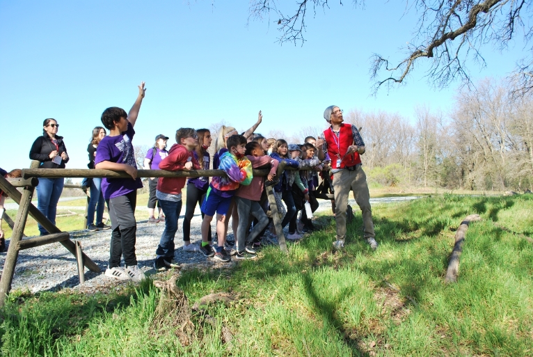 a docents looks up to the sky, explaining something a class of students on a tour. 