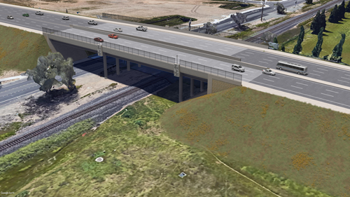 Rendering of the new Blue Oaks Boulevard bridge with traffic traveling over railroad tracks.