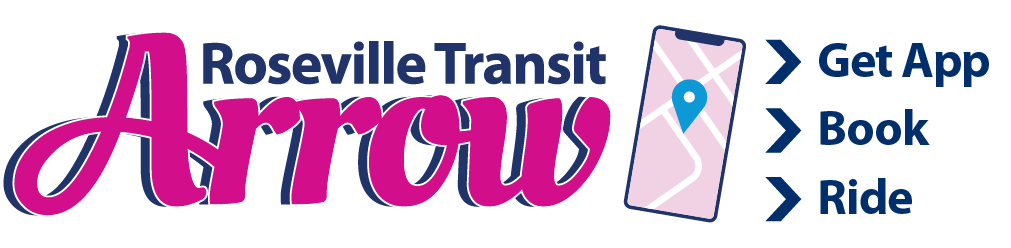 Roseville Transit Arrow logo with a mobile phone displaying a map