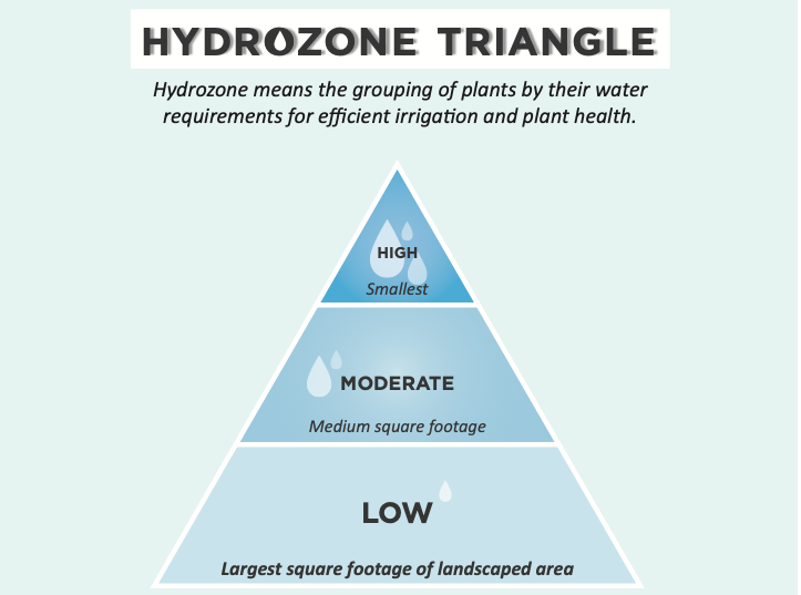 Graphic titled “Hydrozone Triangle” showing a pyramid that groups plants by water needs, with high water use at the top (smallest area), moderate in the middle, and low water use at the bottom (largest landscaped area), explaining efficient irrigation and plant health.