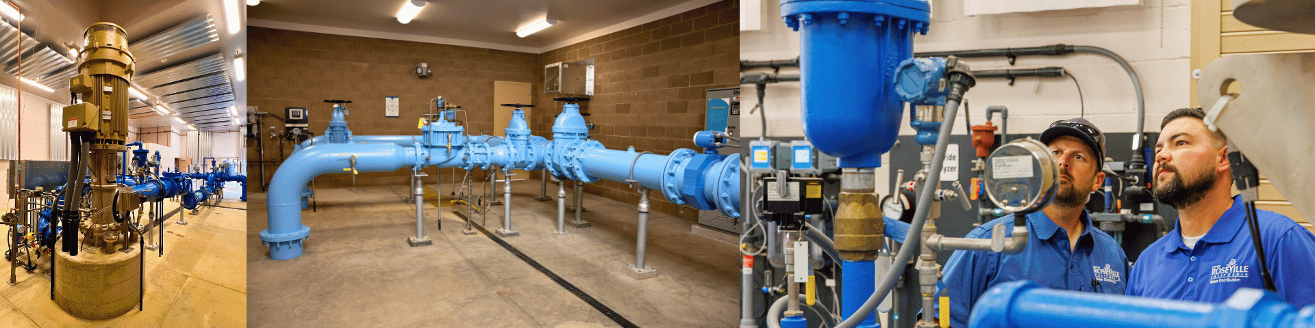 Industrial water system collage showing a large pump with a tan motor on a concrete base, blue pipes and valves inside a facility, and two workers in blue shirts inspecting gauges and piping.