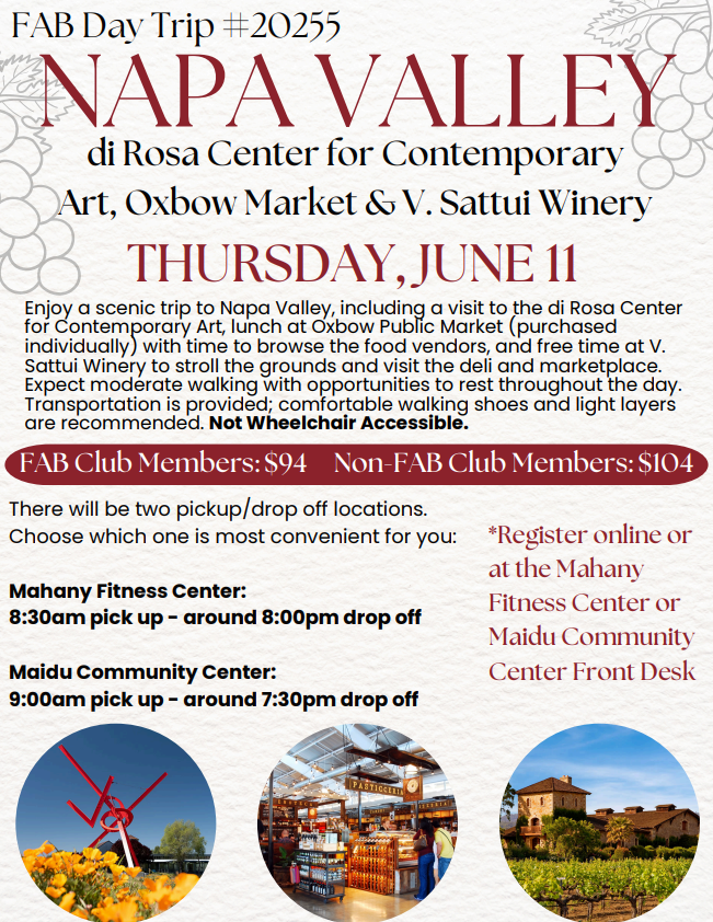 Flyer for FAB Day Trip to Napa Valley