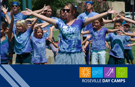 Day camps staff logo. A camp photo with staff dancing with campers