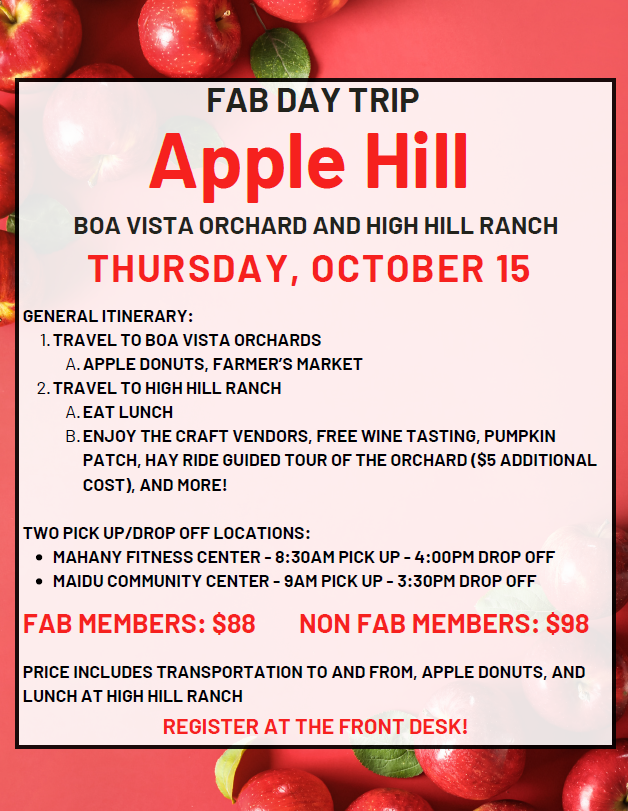 flyer of Apple Hill day trip information